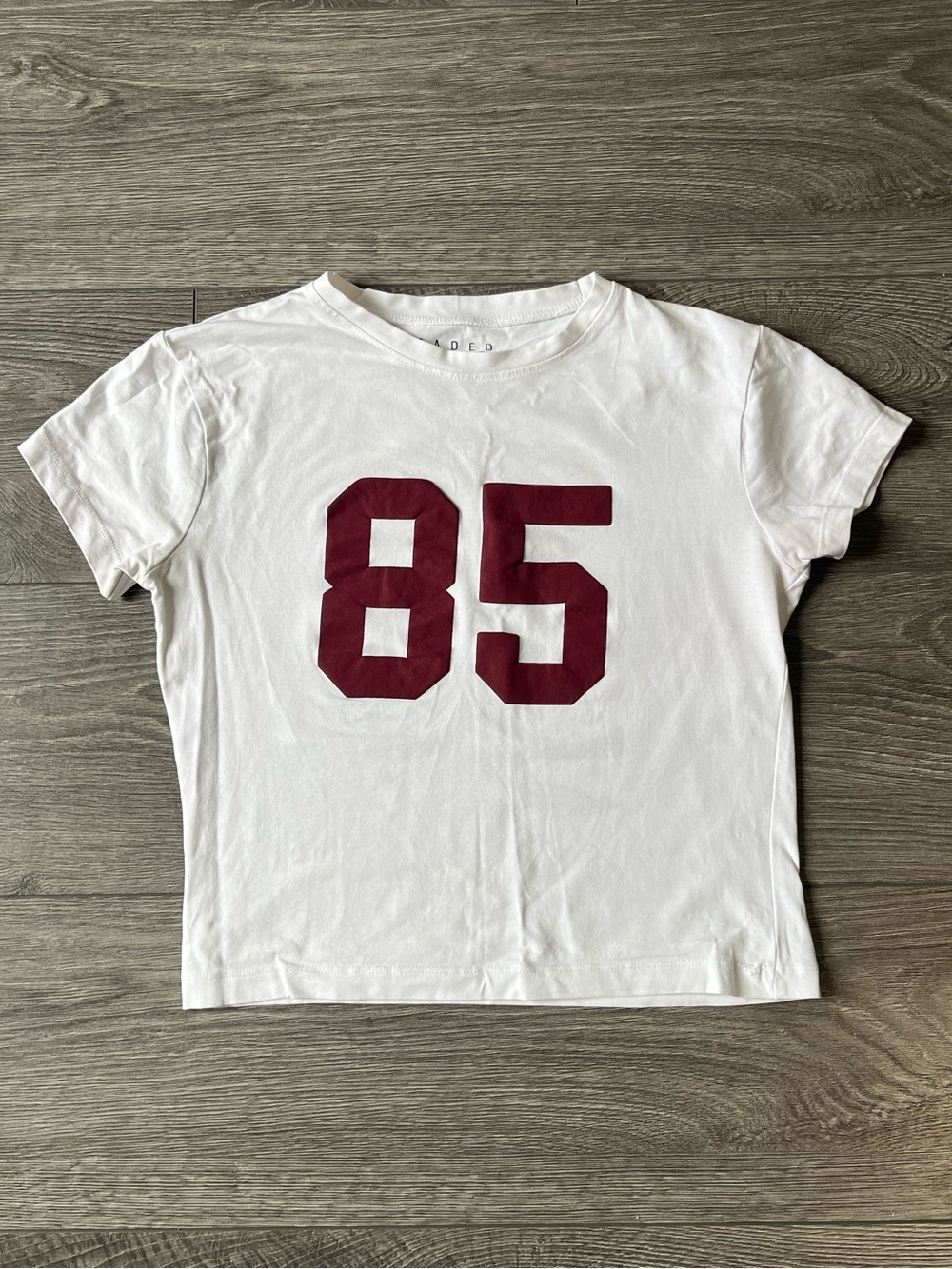 White Short Sleeve Tee with Burgundy '85' Print